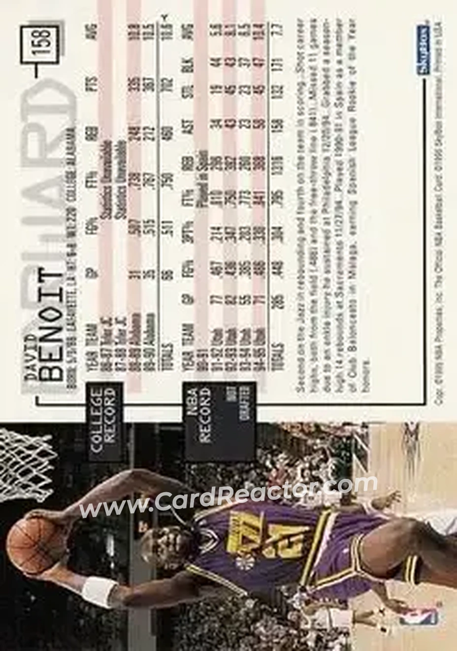 1995-96 Hoops #158 - David Benoit - Utah Jazz - Back 1995-96 Hoops #158 - David Benoit - Utah Jazz - Back