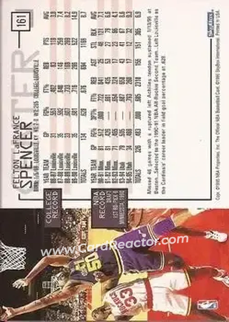 1995-96 Hoops #161 - Felton Spencer - Utah Jazz - Back