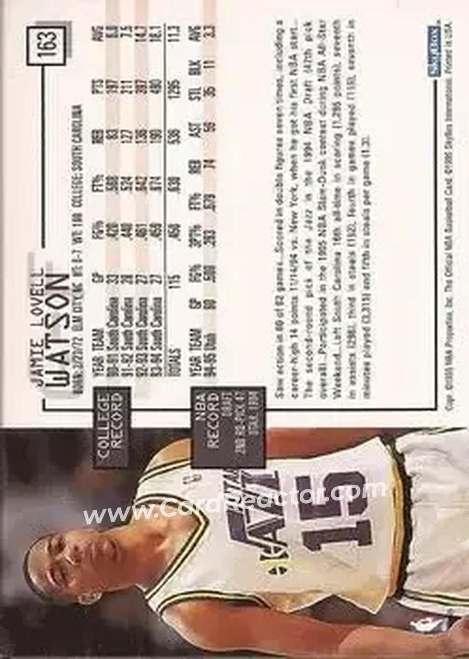1995-96 Hoops #163 - Jamie Watson - Utah Jazz - Back