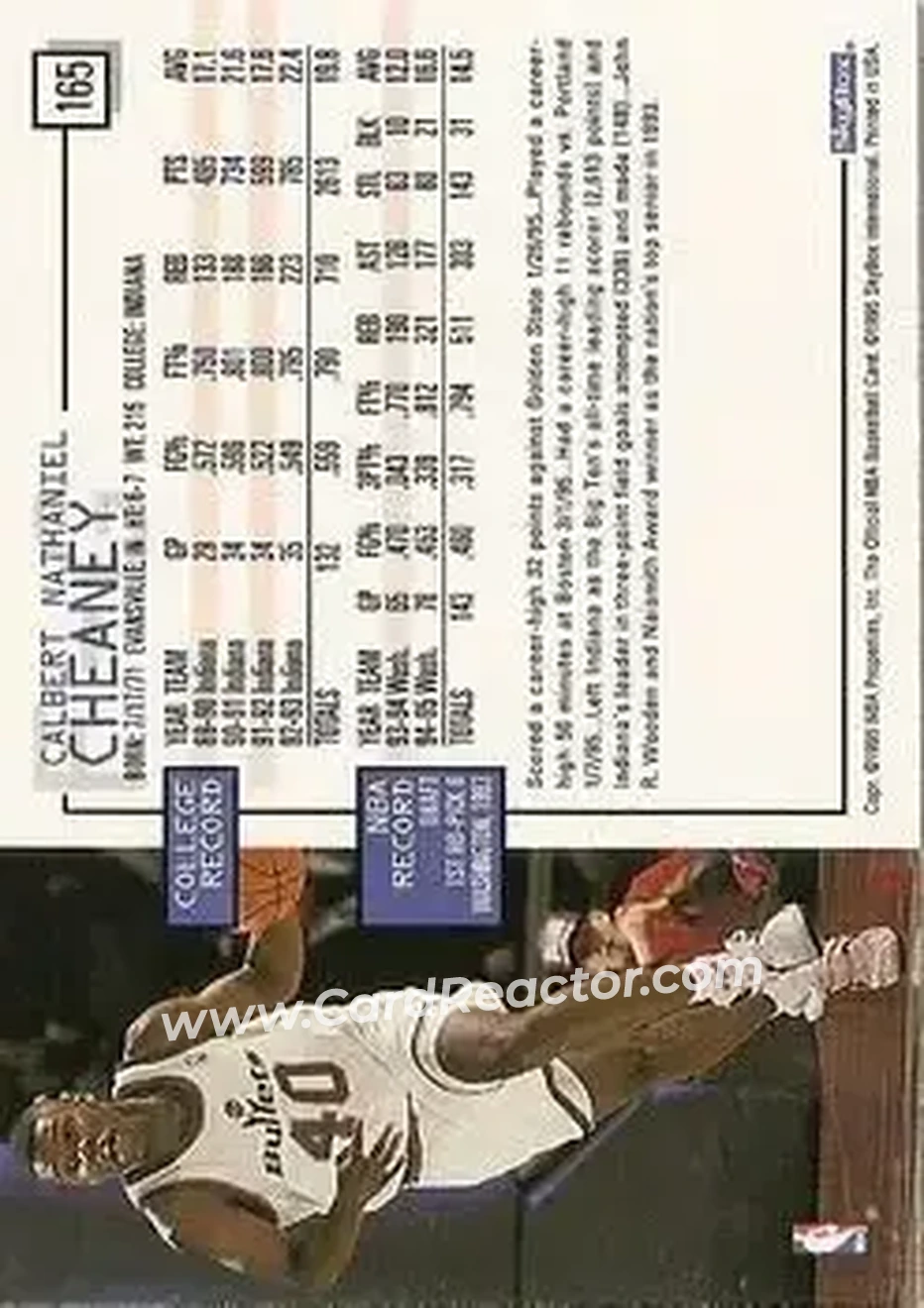 1995-96 Hoops #165 - Calbert Cheaney - Washington Bullets - Back