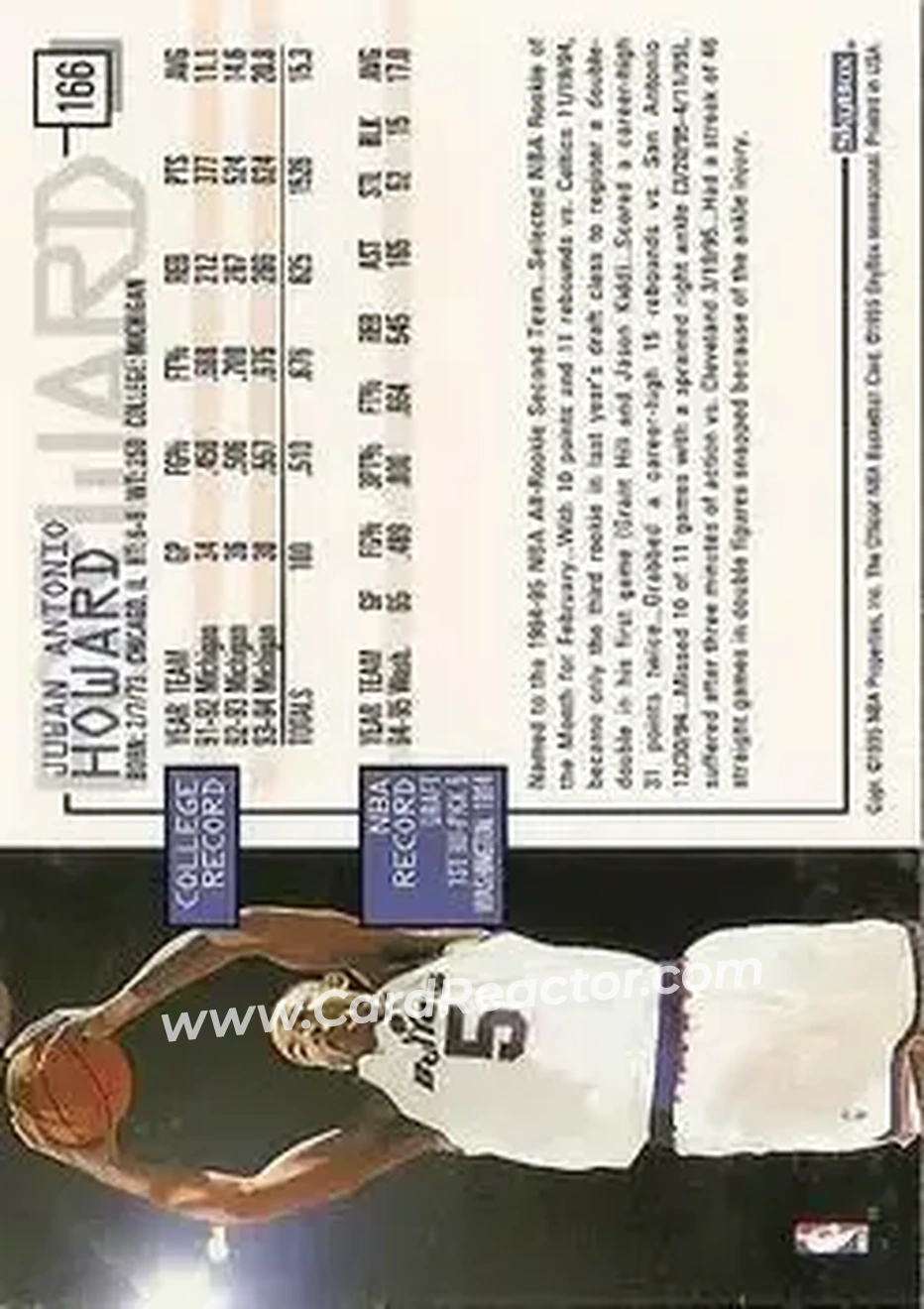 1995-96 Hoops #166 - Juwan Howard - Washington Bullets - Back 1995-96 Hoops #166 - Juwan Howard - Washington Bullets - Back