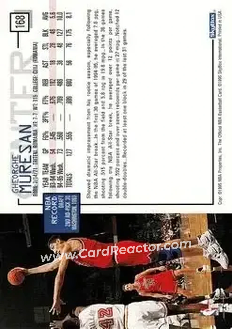 1995-96 Hoops #168 - Gheorghe Mureșan - Washington Bullets - Back 1995-96 Hoops #168 - Gheorghe Mureșan - Washington Bullets - Back