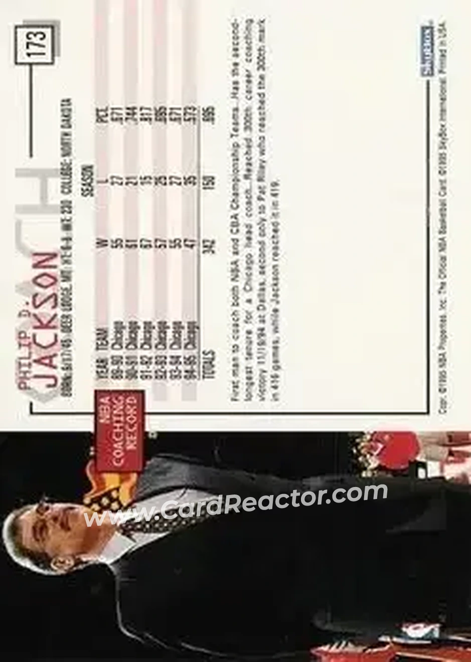 1995-96 Hoops #173 - Phil Jackson - Chicago Bulls - Back