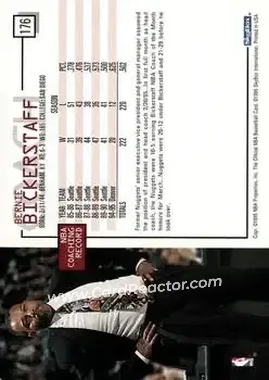 1995-96 Hoops #176 - Bernie Bickerstaff - Denver Nuggets - Back