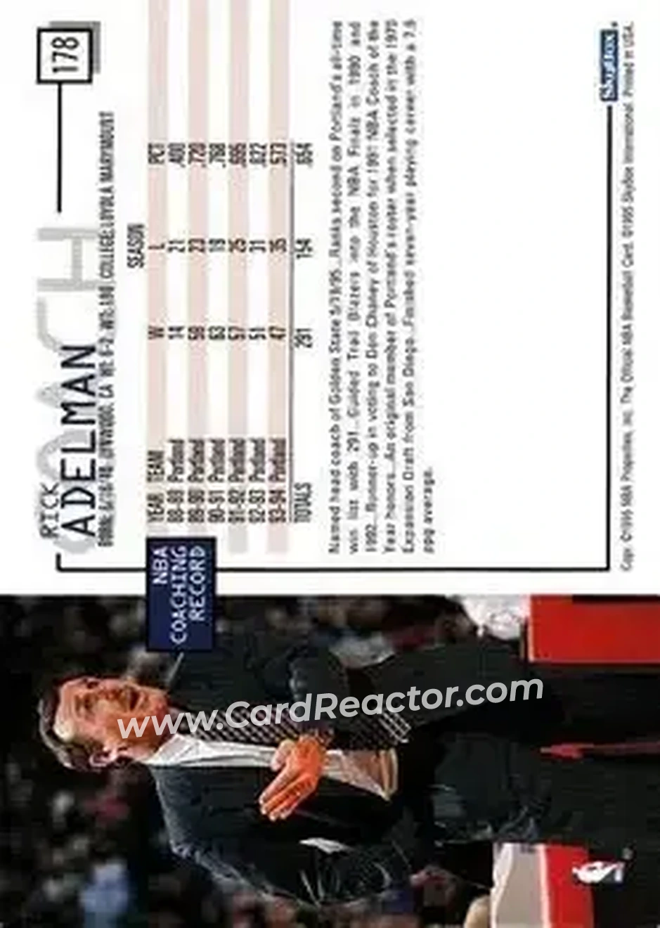 1995-96 Hoops #178 - Rick Adelman - Golden State Warriors - Back 1995-96 Hoops #178 - Rick Adelman - Golden State Warriors - Back