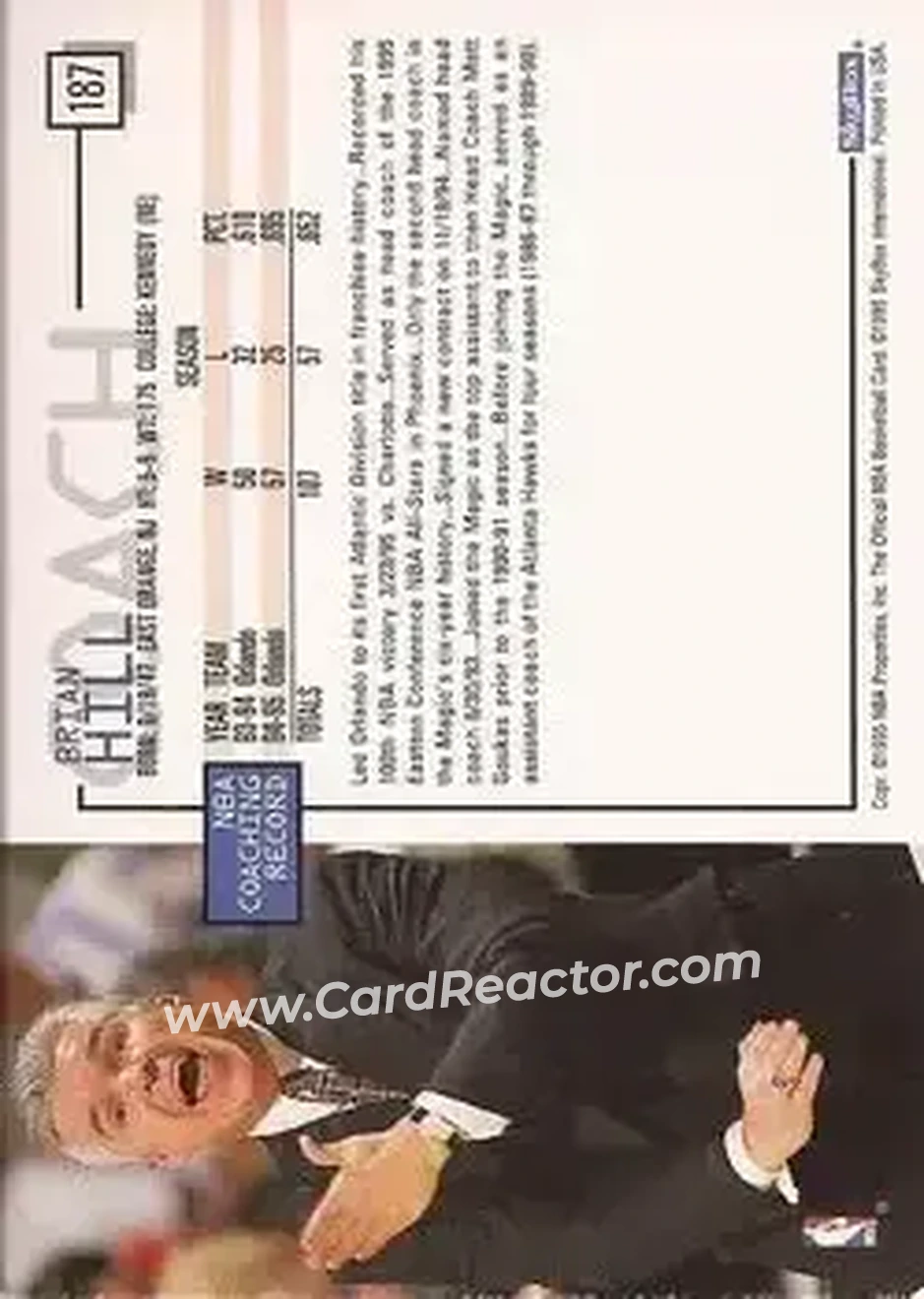 1995-96 Hoops #187 - Brian Hill - Orlando Magic - Back