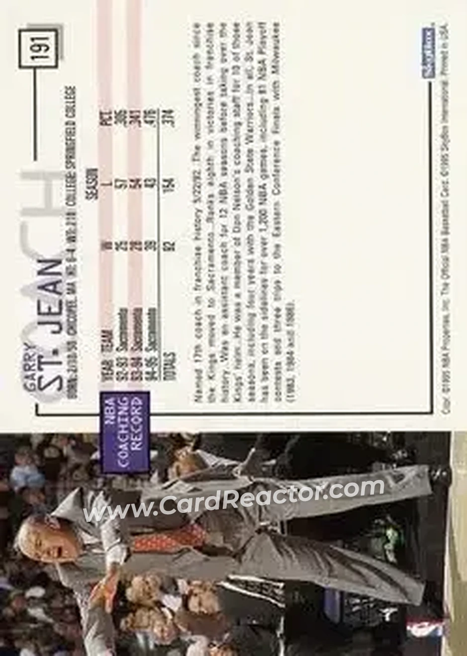 1995-96 Hoops #191 - Garry St. Jean - Sacramento Kings - Back