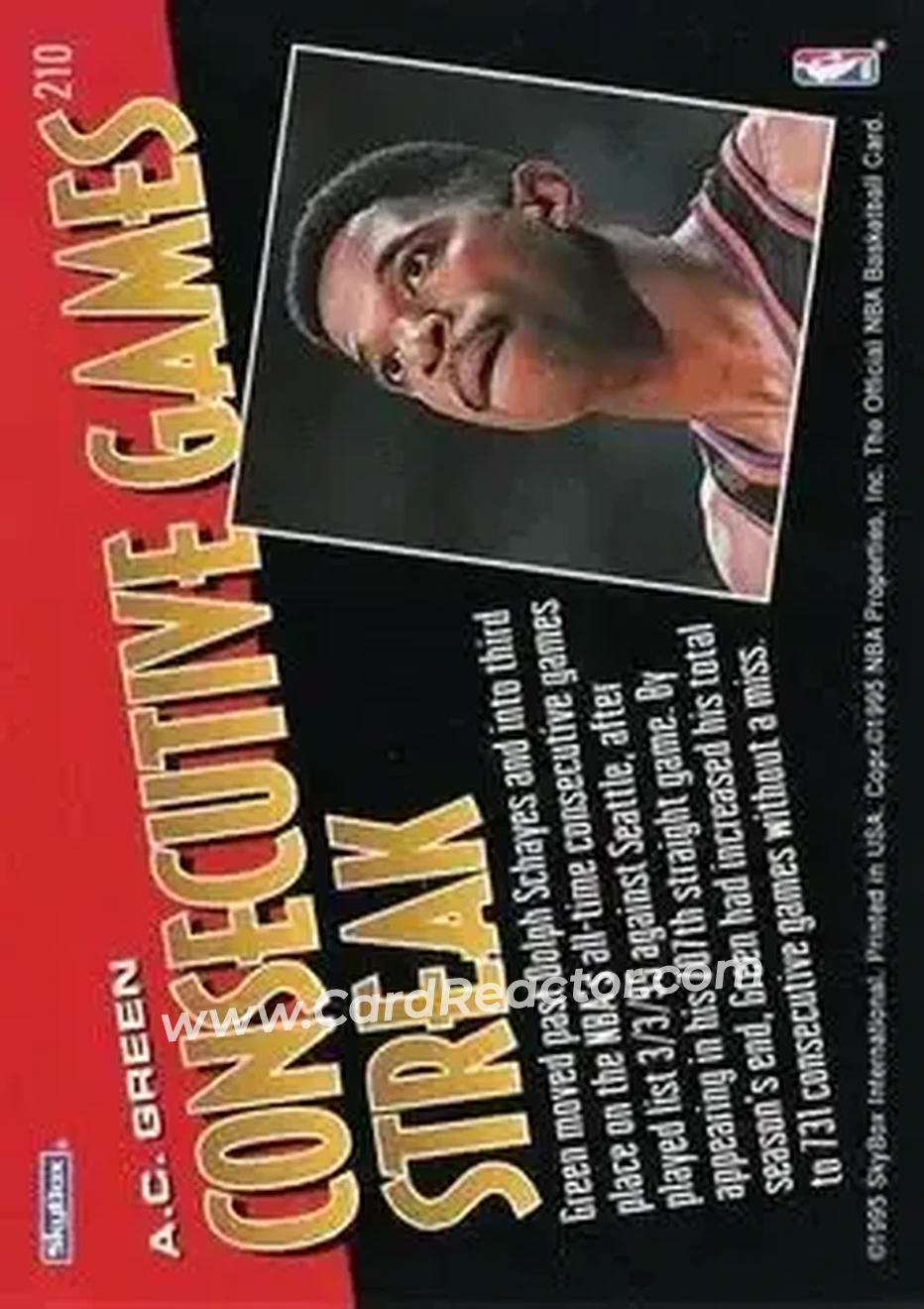 1995-96 Hoops #210 - A.C. Green - Phoenix Suns - Back 1995-96 Hoops #210 - A.C. Green - Phoenix Suns - Back