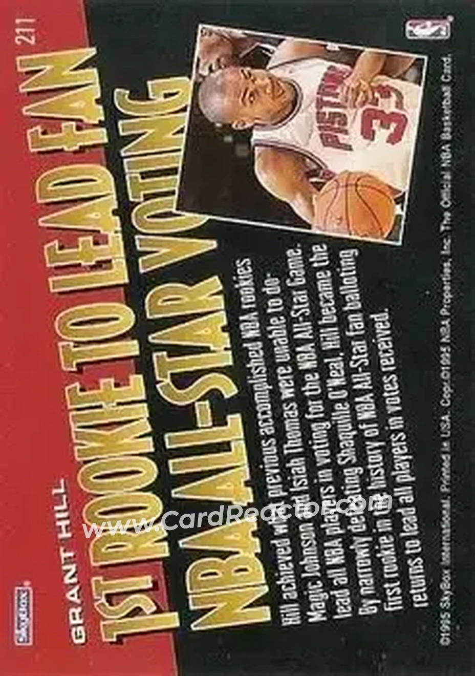 1995-96 Hoops #211 - Grant Hill - Detroit Pistons - Back