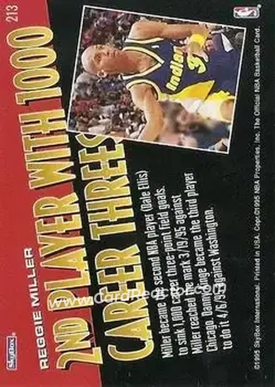 1995-96 Hoops #213 - Reggie Miller - Indiana Pacers - Back 1995-96 Hoops #213 - Reggie Miller - Indiana Pacers - Back