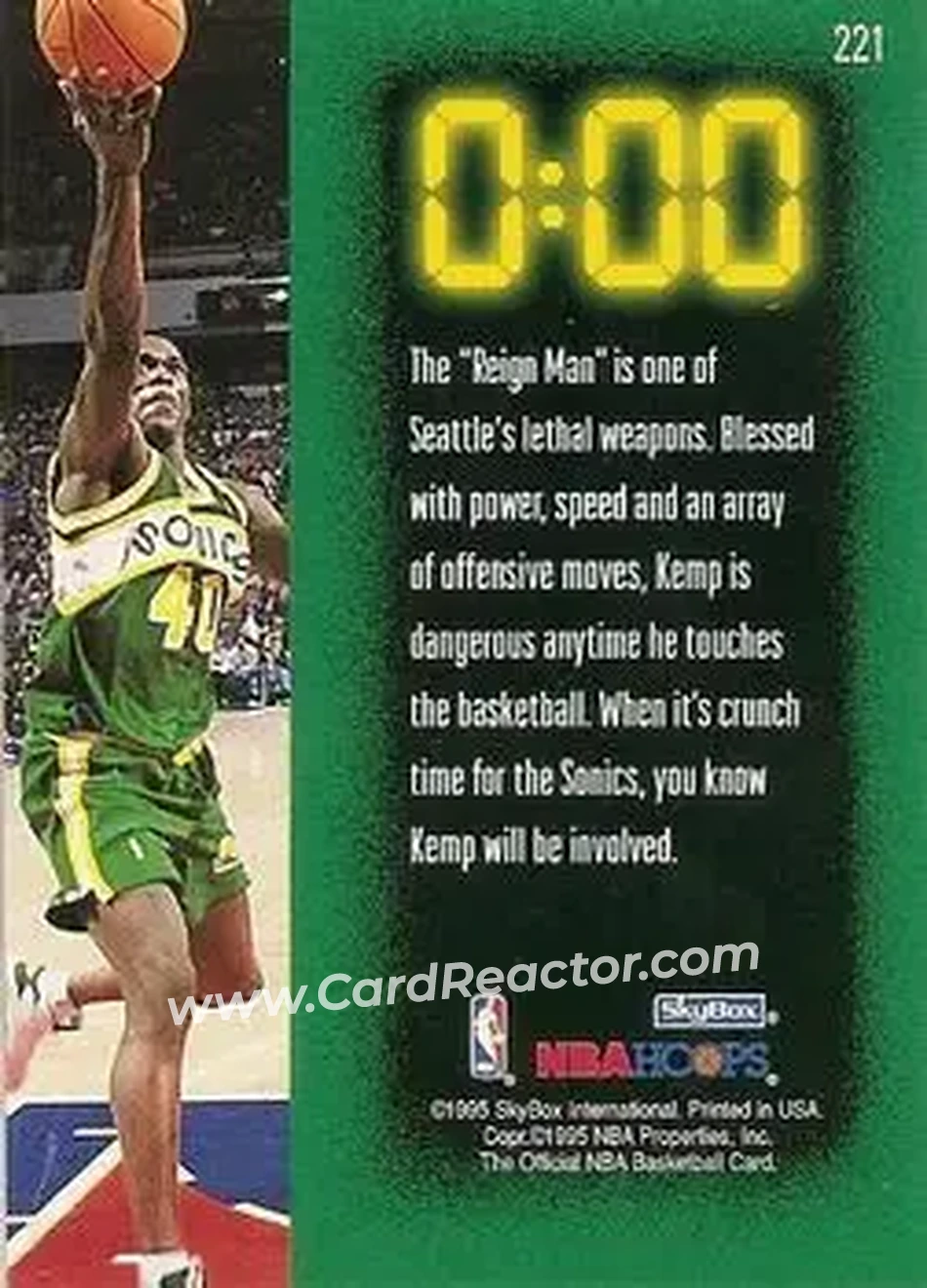 1995-96 Hoops #221 - Shawn Kemp - Seattle SuperSonics - Back