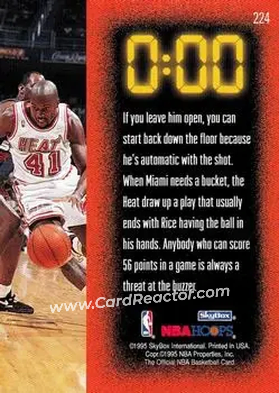 1995-96 Hoops #224 - Glen Rice - Miami Heat - Back