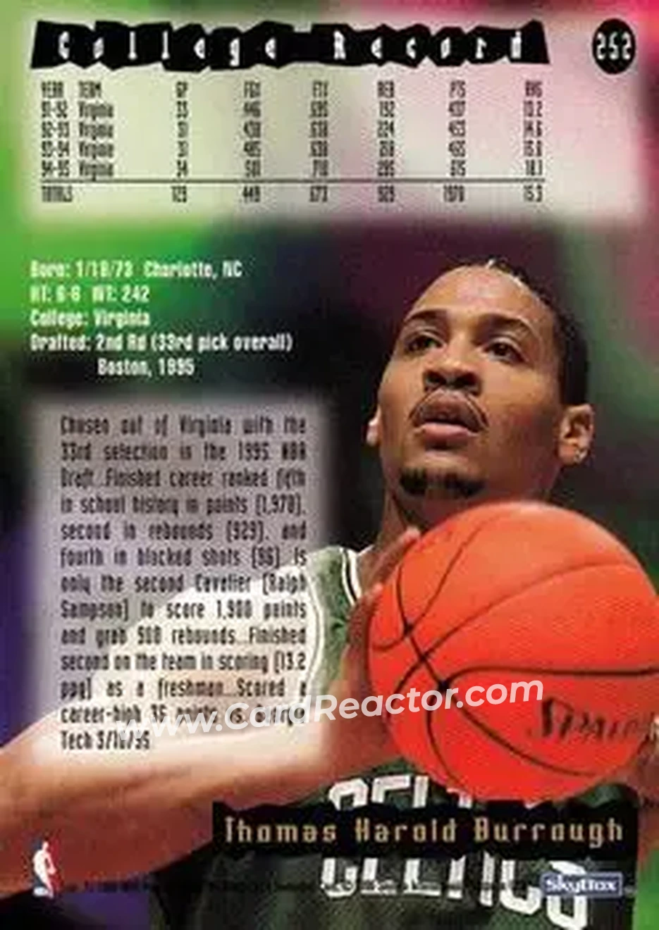 1995-96 Hoops #252 - Junior Burrough - Boston Celtics - Back