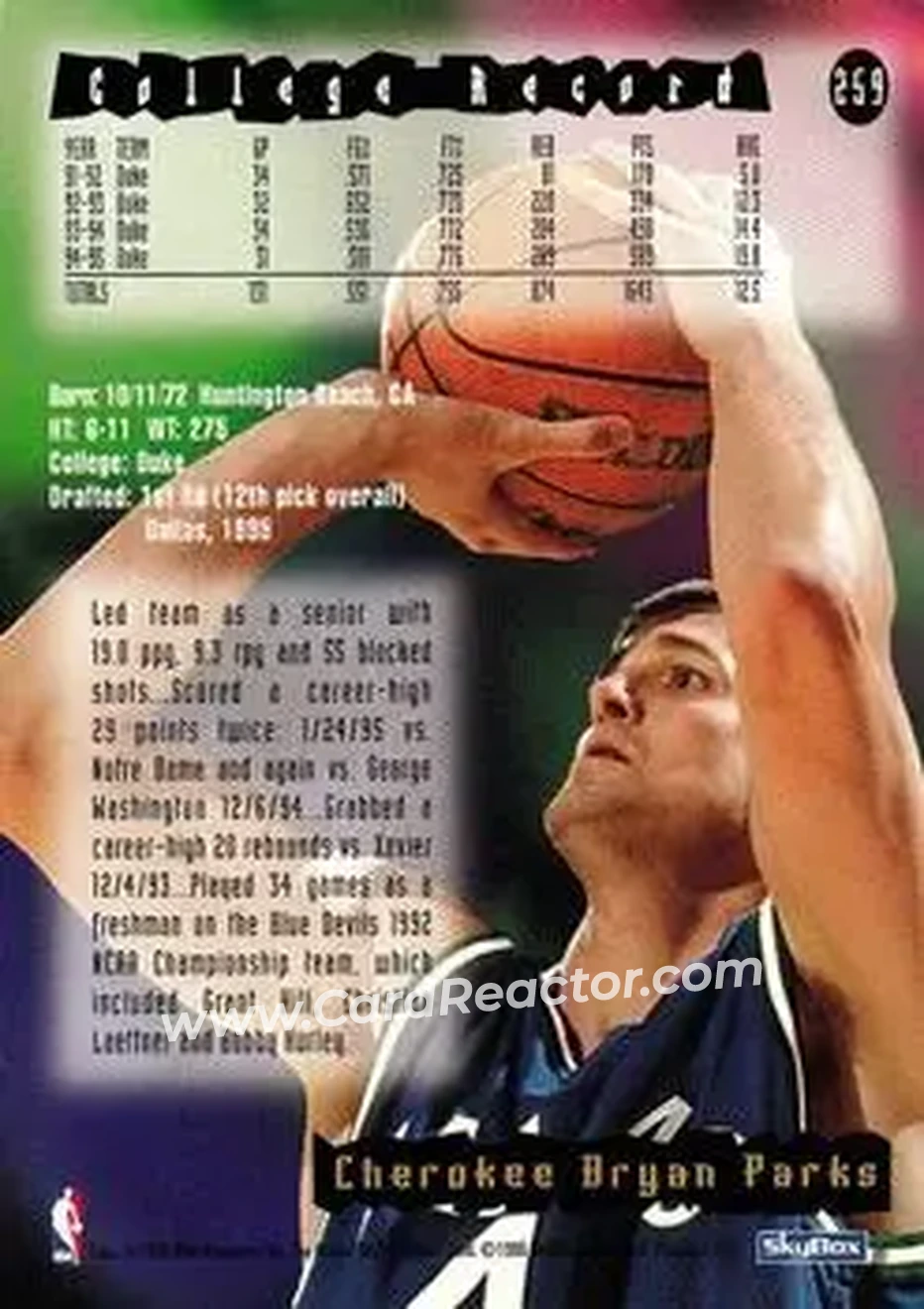 1995-96 Hoops #259 - Cherokee Parks - Dallas Mavericks - Back