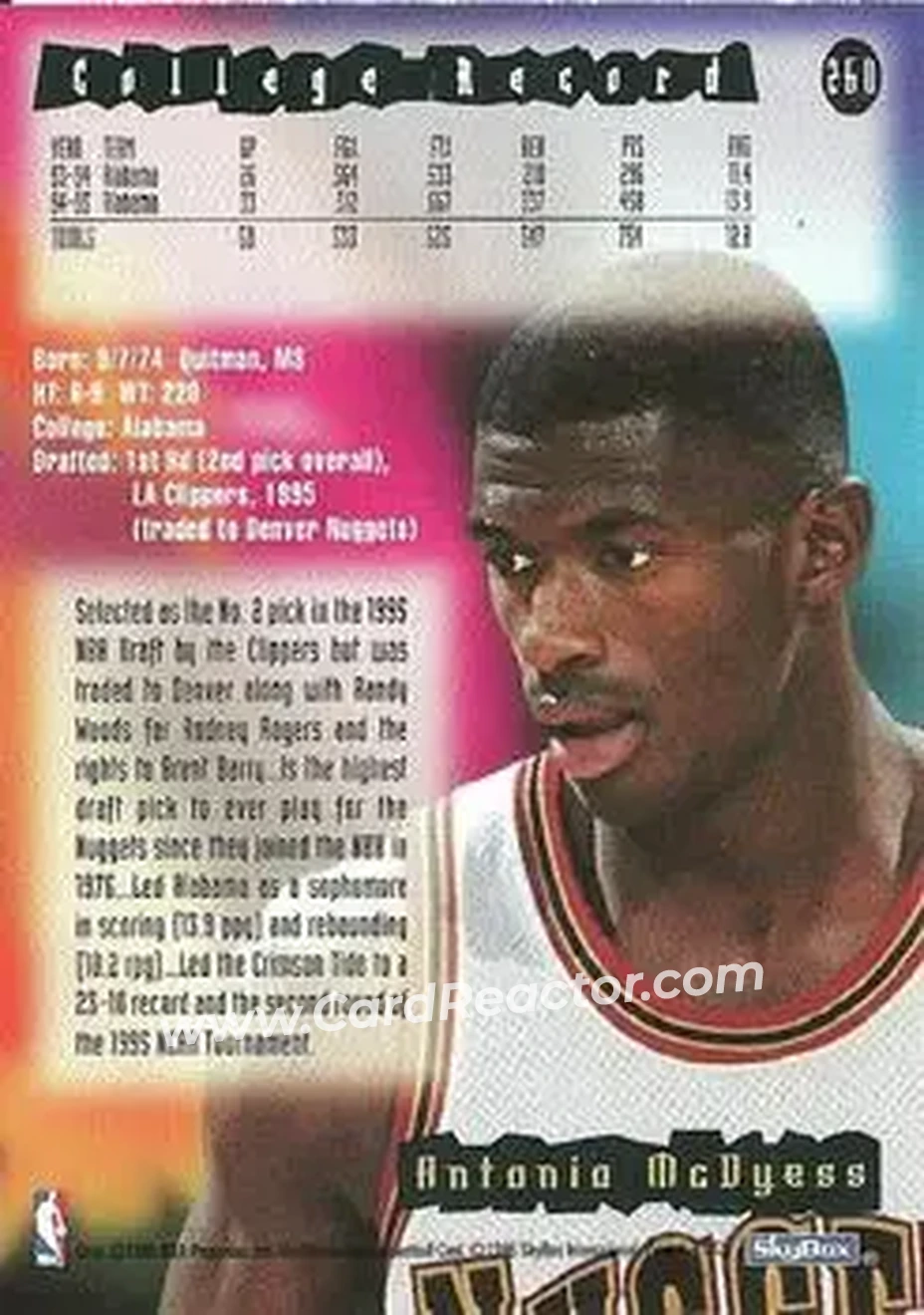 1995-96 Hoops #260 - Antonio McDyess - Denver Nuggets - Back