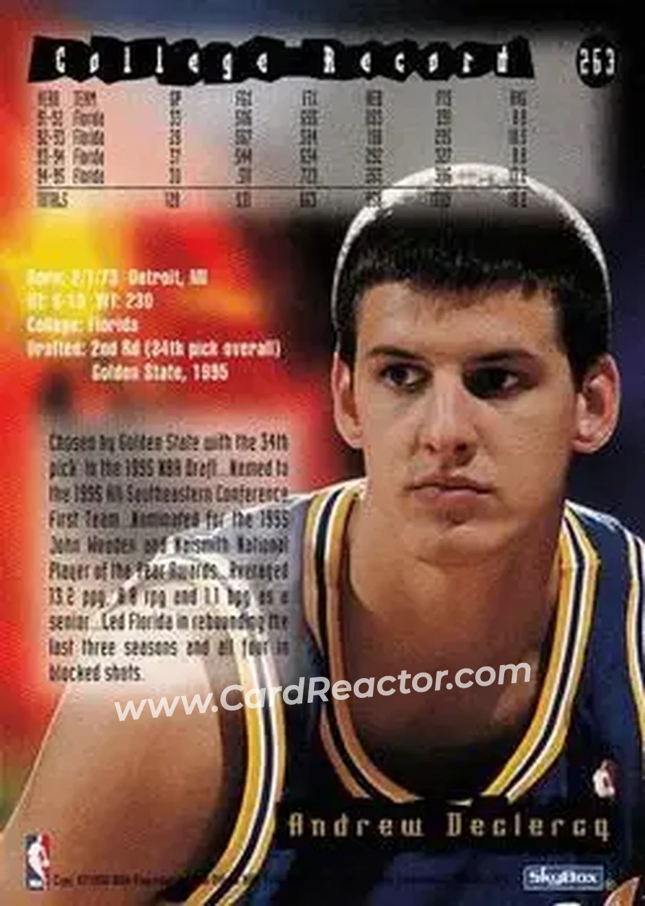 1995-96 Hoops #263 - Andrew DeClercq - Golden State Warriors - Back