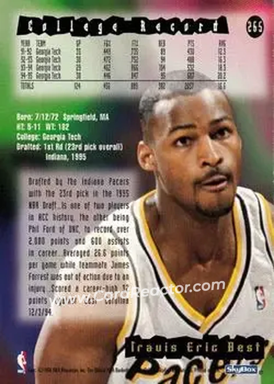 1995-96 Hoops #265 - Travis Best - Indiana Pacers - Back 1995-96 Hoops #265 - Travis Best - Indiana Pacers - Back