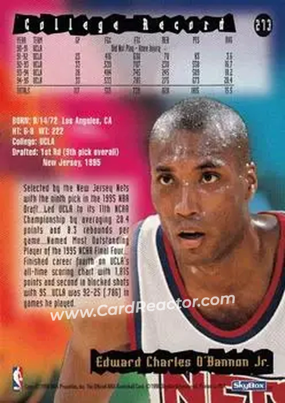 1995-96 Hoops #273 - Ed O'Bannon - New Jersey Nets - Back
