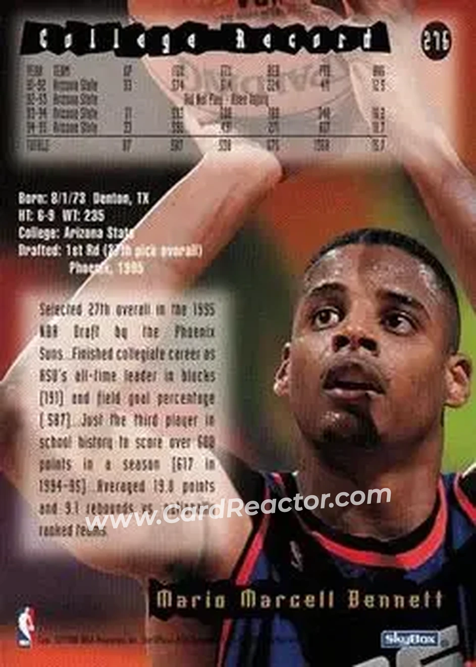 1995-96 Hoops #276 - Mario Bennett - Phoenix Suns - Back