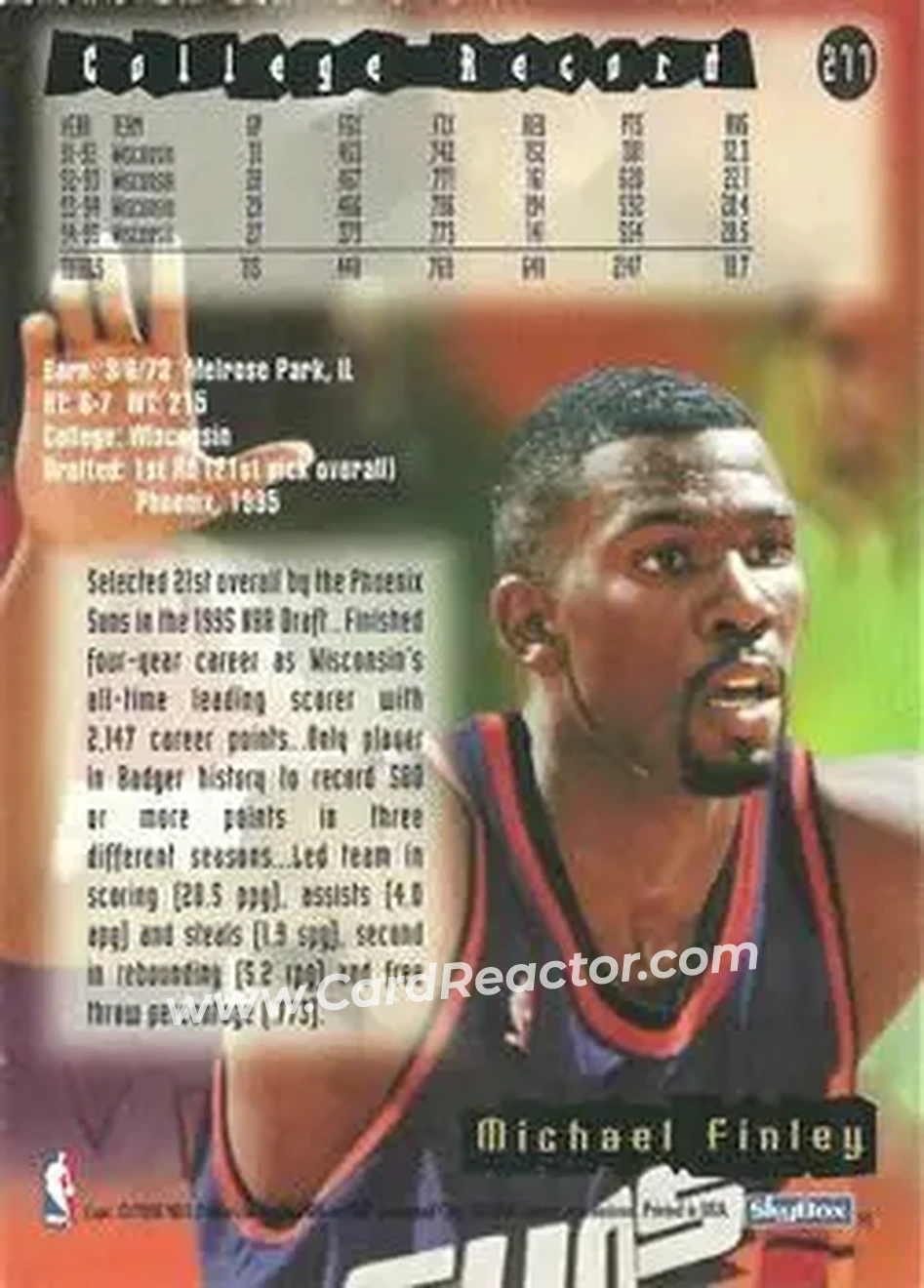 1995-96 Hoops #277 - Michael Finley - Phoenix Suns - Back 1995-96 Hoops #277 - Michael Finley - Phoenix Suns - Back