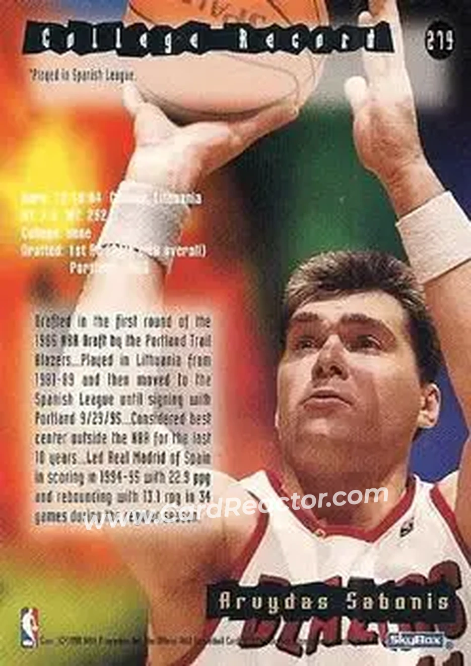 1995-96 Hoops #279 - Arvydas Sabonis - Portland Trail Blazers - Back