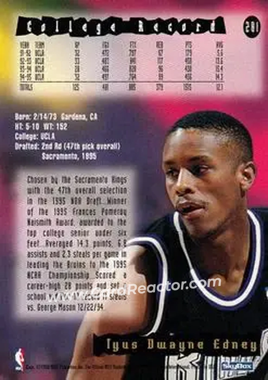 1995-96 Hoops #281 - Tyus Edney - Sacramento Kings - Back