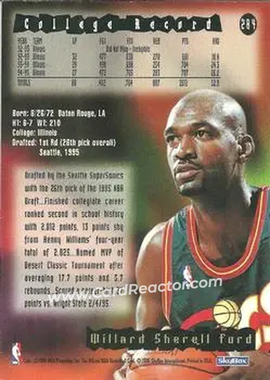 1995-96 Hoops #284 - Sherell Ford - Seattle SuperSonics - Back