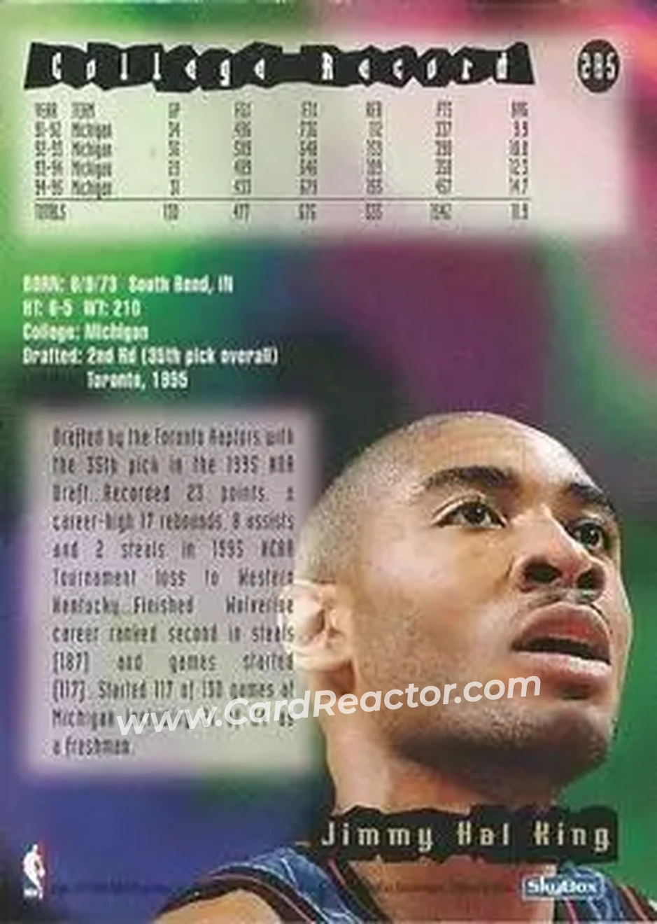1995-96 Hoops #285 - Jimmy King - Toronto Raptors - Back 1995-96 Hoops #285 - Jimmy King - Toronto Raptors - Back