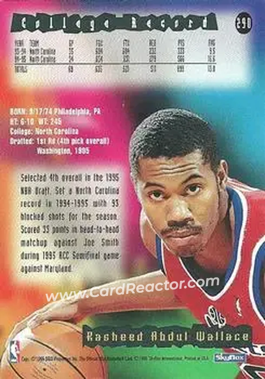 1995-96 Hoops #290 - Rasheed Wallace - Washington Bullets - Back