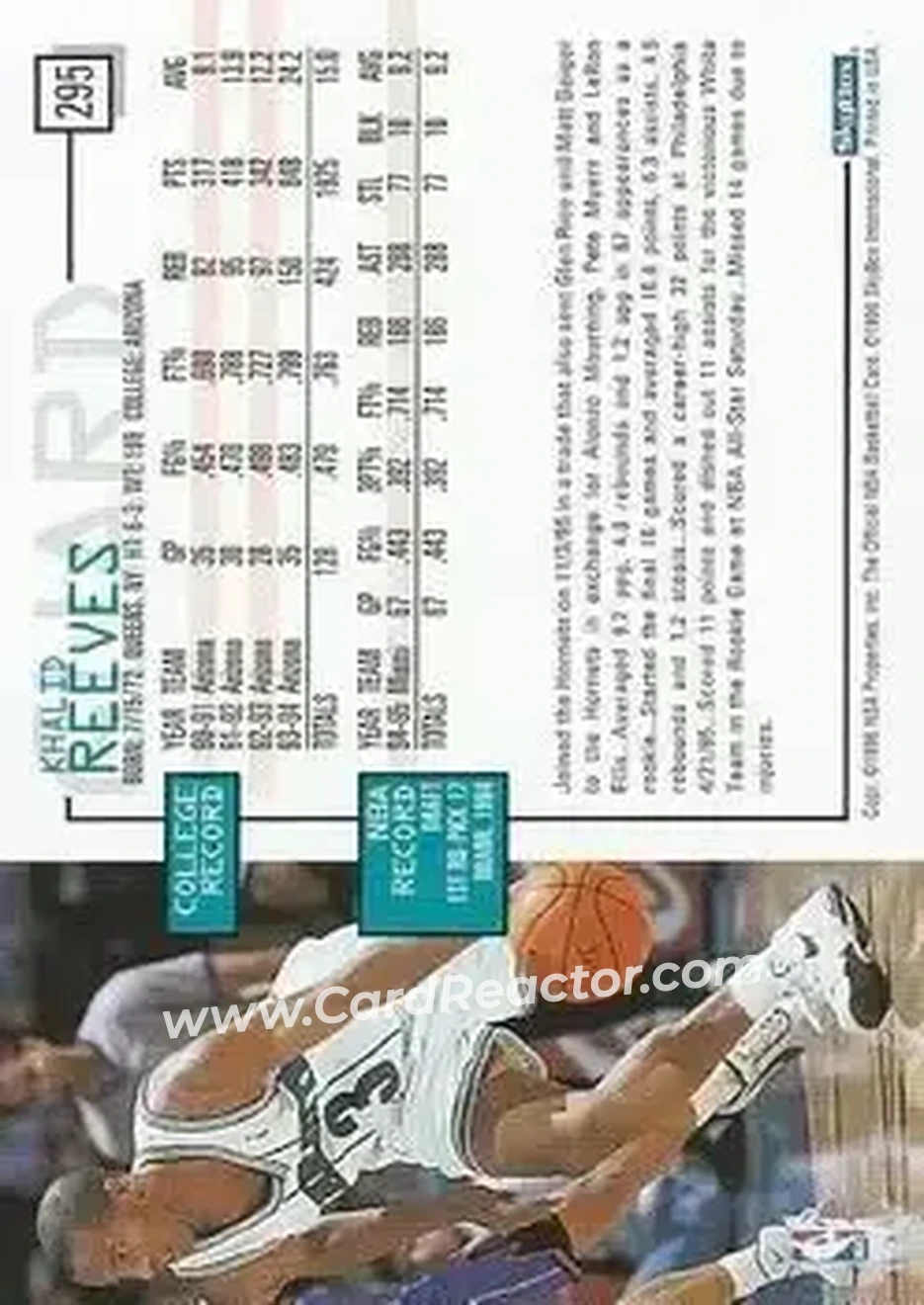 1995-96 Hoops #295 - Khalid Reeves - Charlotte Hornets - Back