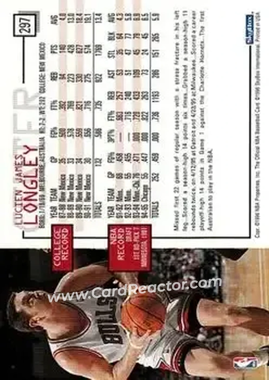 1995-96 Hoops #297 - Luc Longley - Chicago Bulls - Back