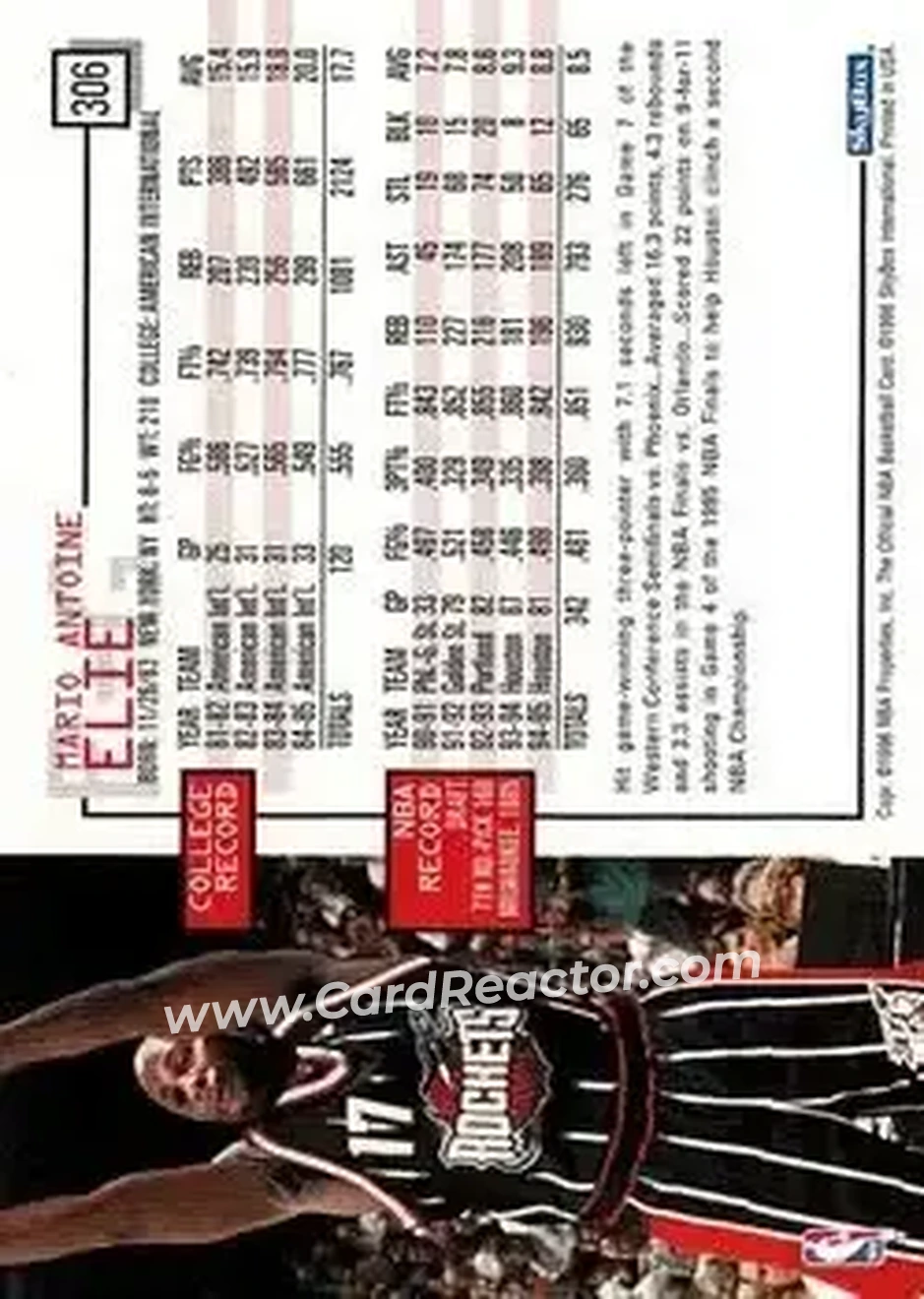 1995-96 Hoops #306 - Mario Elie - Houston Rockets - Back