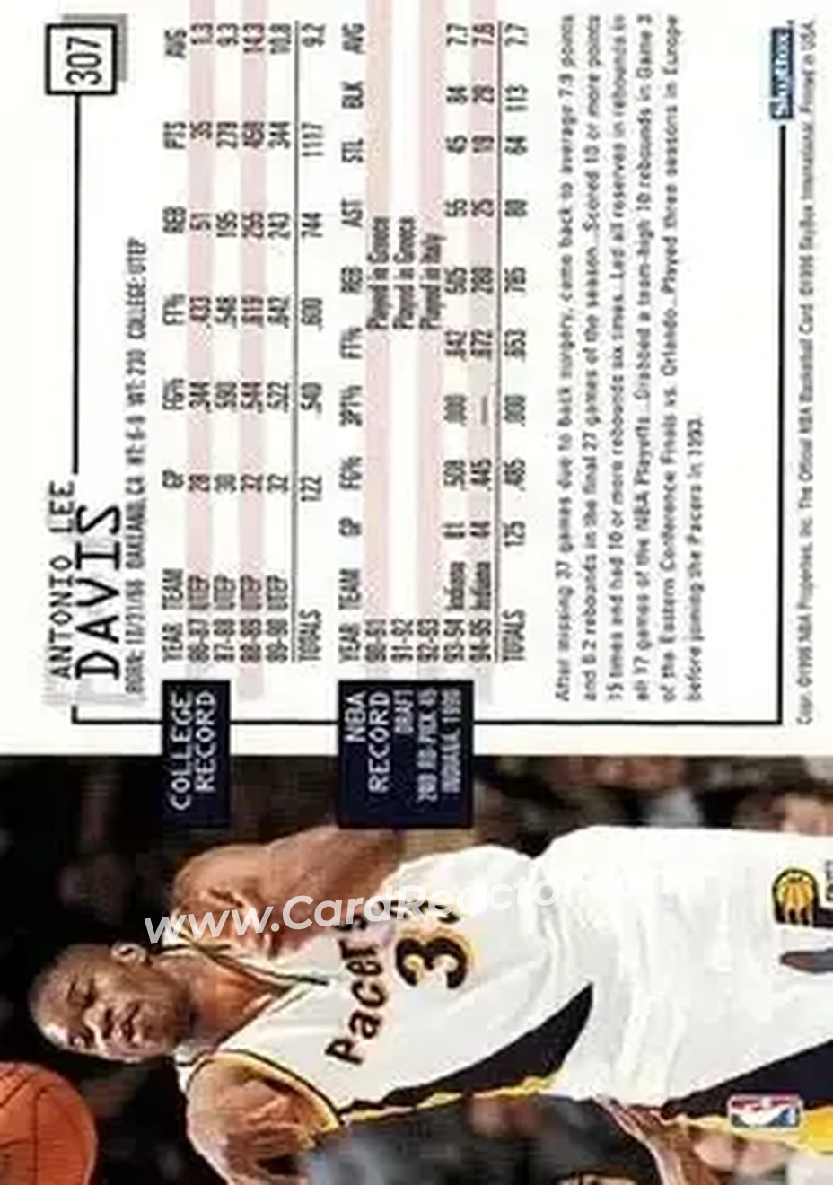 1995-96 Hoops #307 - Antonio Davis - Indiana Pacers - Back