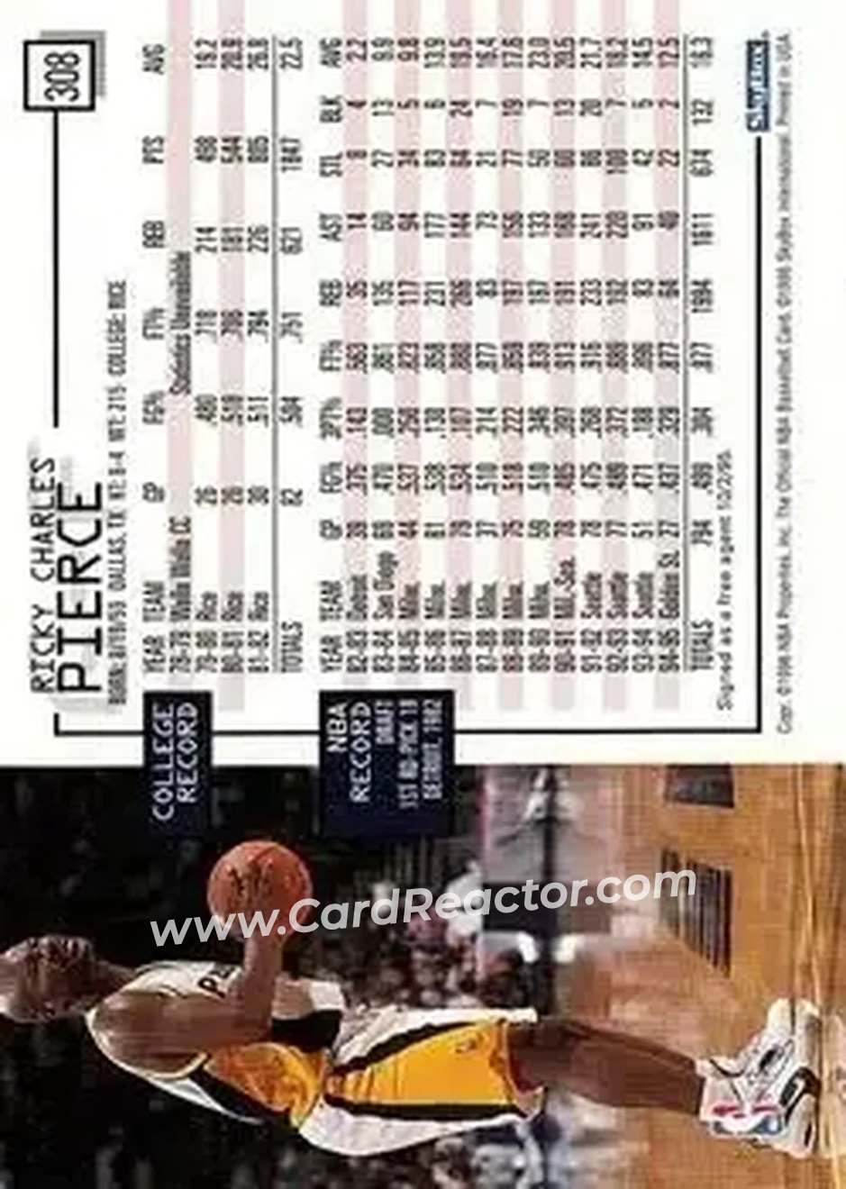 1995-96 Hoops #308 - Ricky Pierce - Indiana Pacers - Back