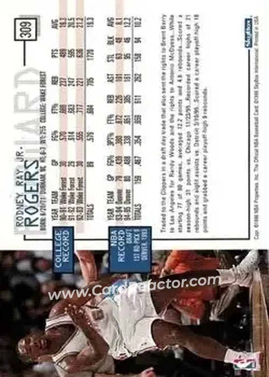 1995-96 Hoops #309 - Rodney Rogers - Los Angeles Clippers - Back