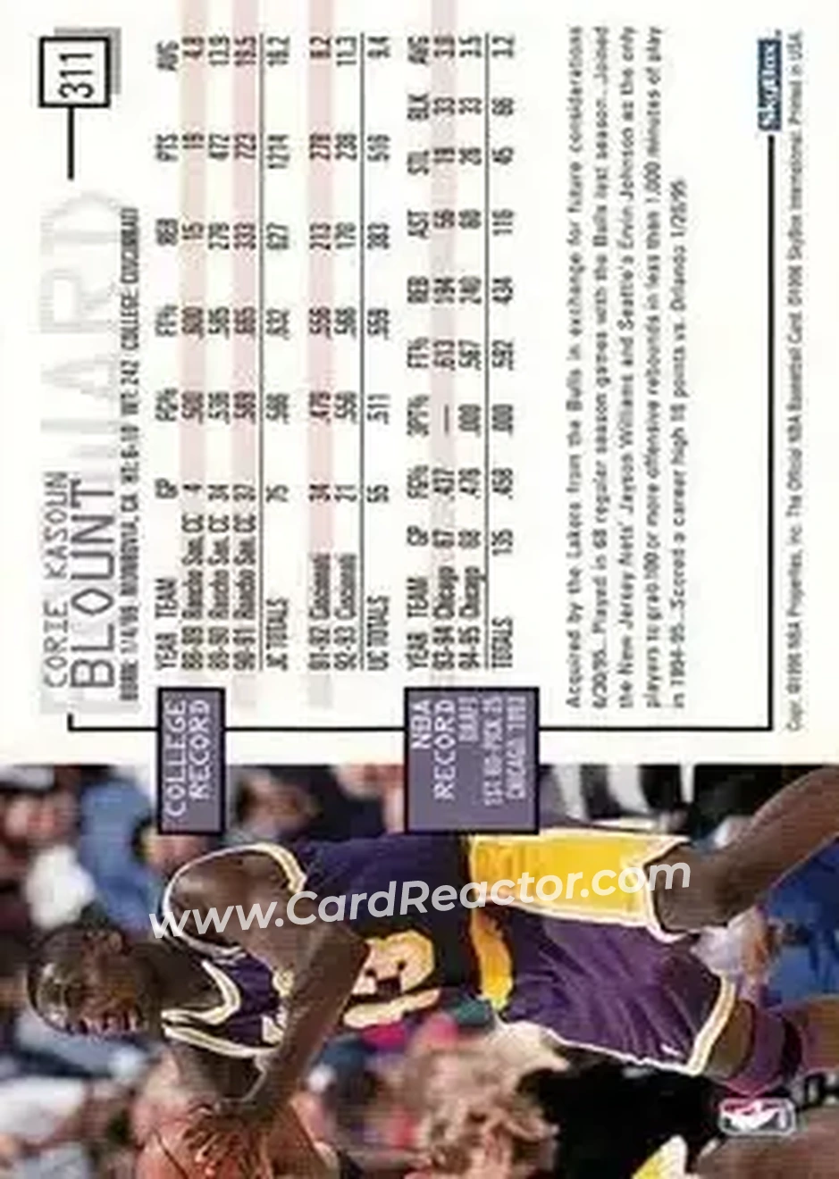 1995-96 Hoops #311 - Corie Blount - Los Angeles Lakers - Back