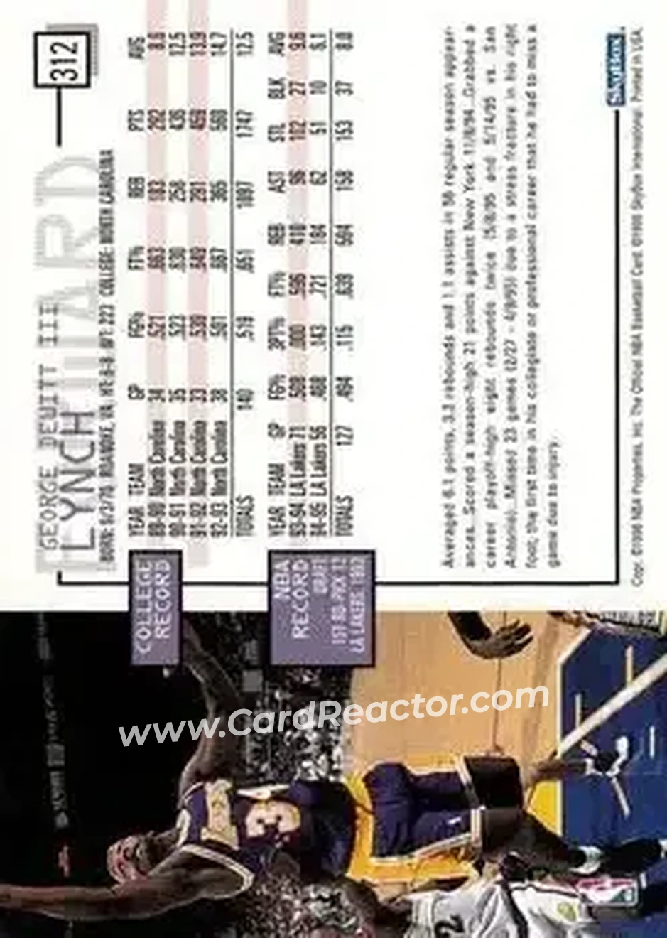 1995-96 Hoops #312 - George Lynch - Los Angeles Lakers - Back