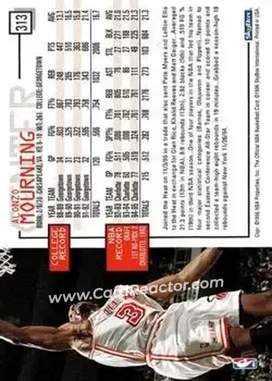 1995-96 Hoops #313 - Alonzo Mourning - Miami Heat - Back