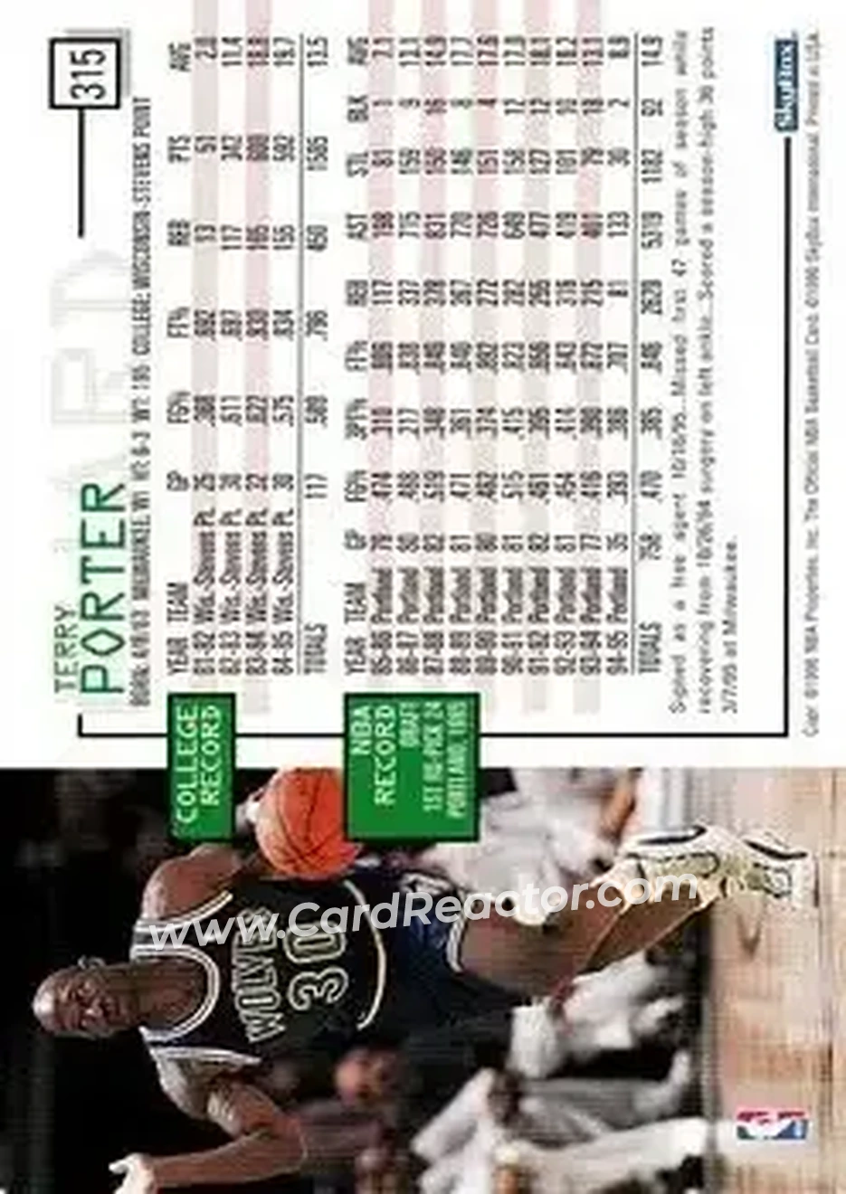 1995-96 Hoops #315 - Terry Porter - Minnesota Timberwolves - Back