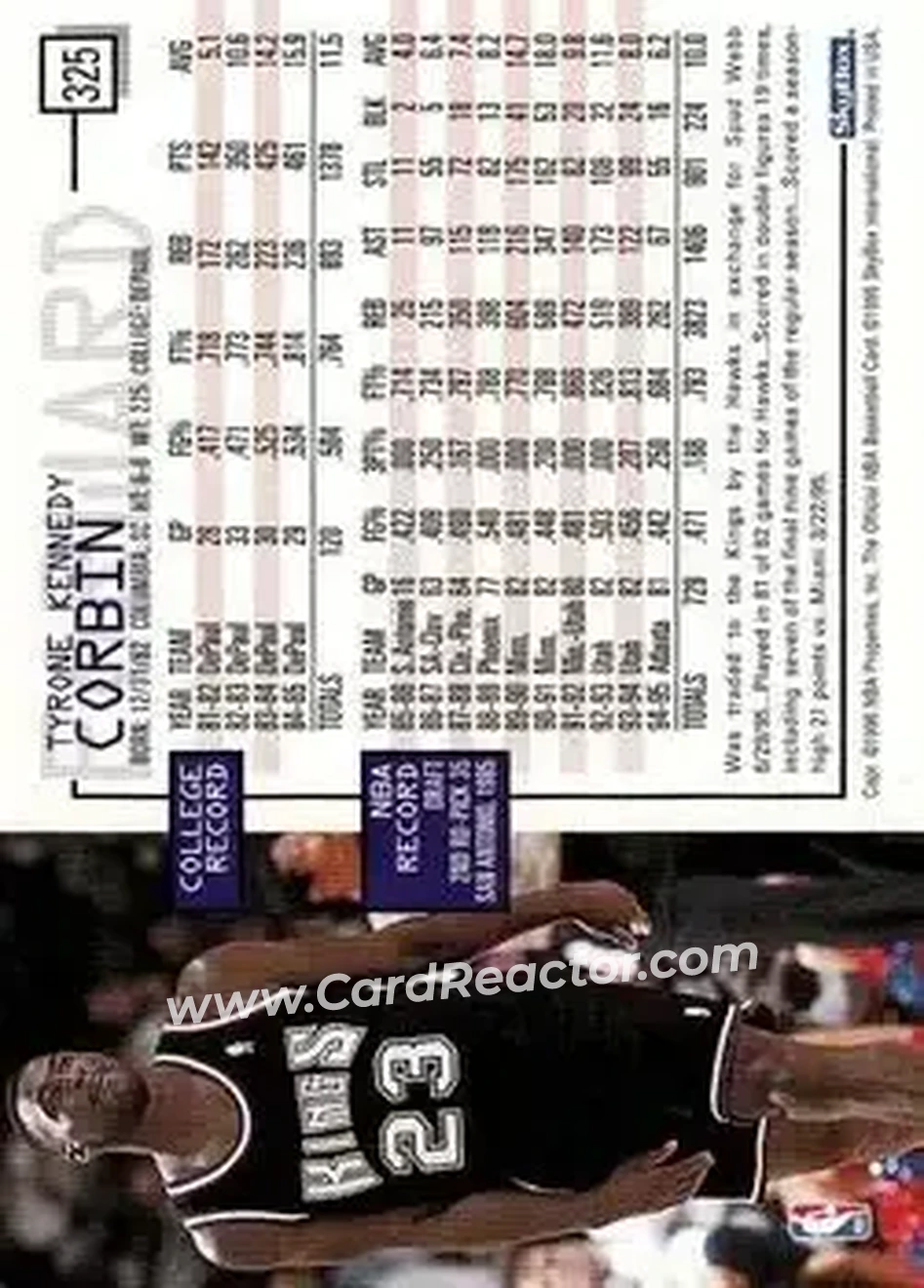 1995-96 Hoops #325 - Tyrone Corbin - Sacramento Kings - Back
