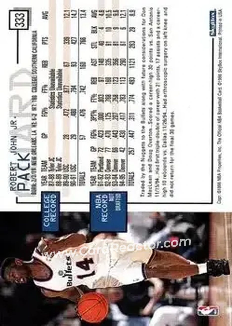 1995-96 Hoops #333 - Robert Pack - Washington Bullets - Back