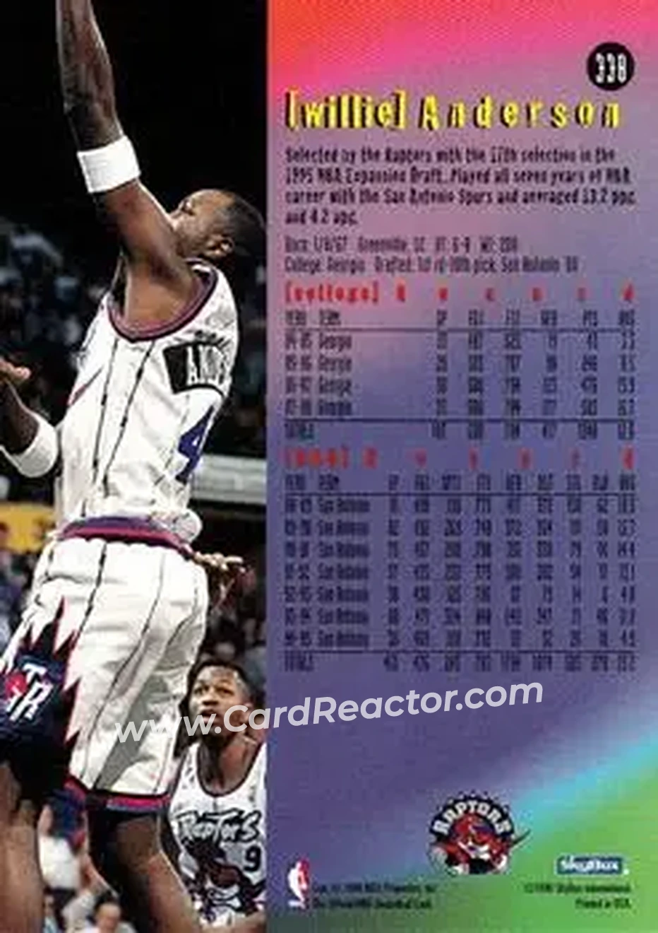 1995-96 Hoops #338 - Willie Anderson - Toronto Raptors - Back