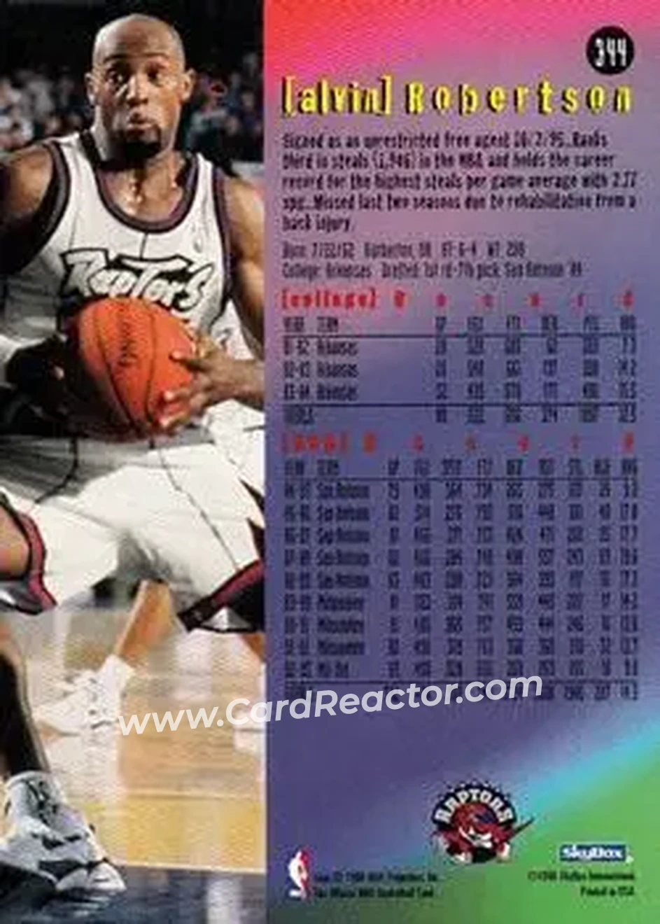 1995-96 Hoops #344 - Alvin Robertson - Toronto Raptors - Back