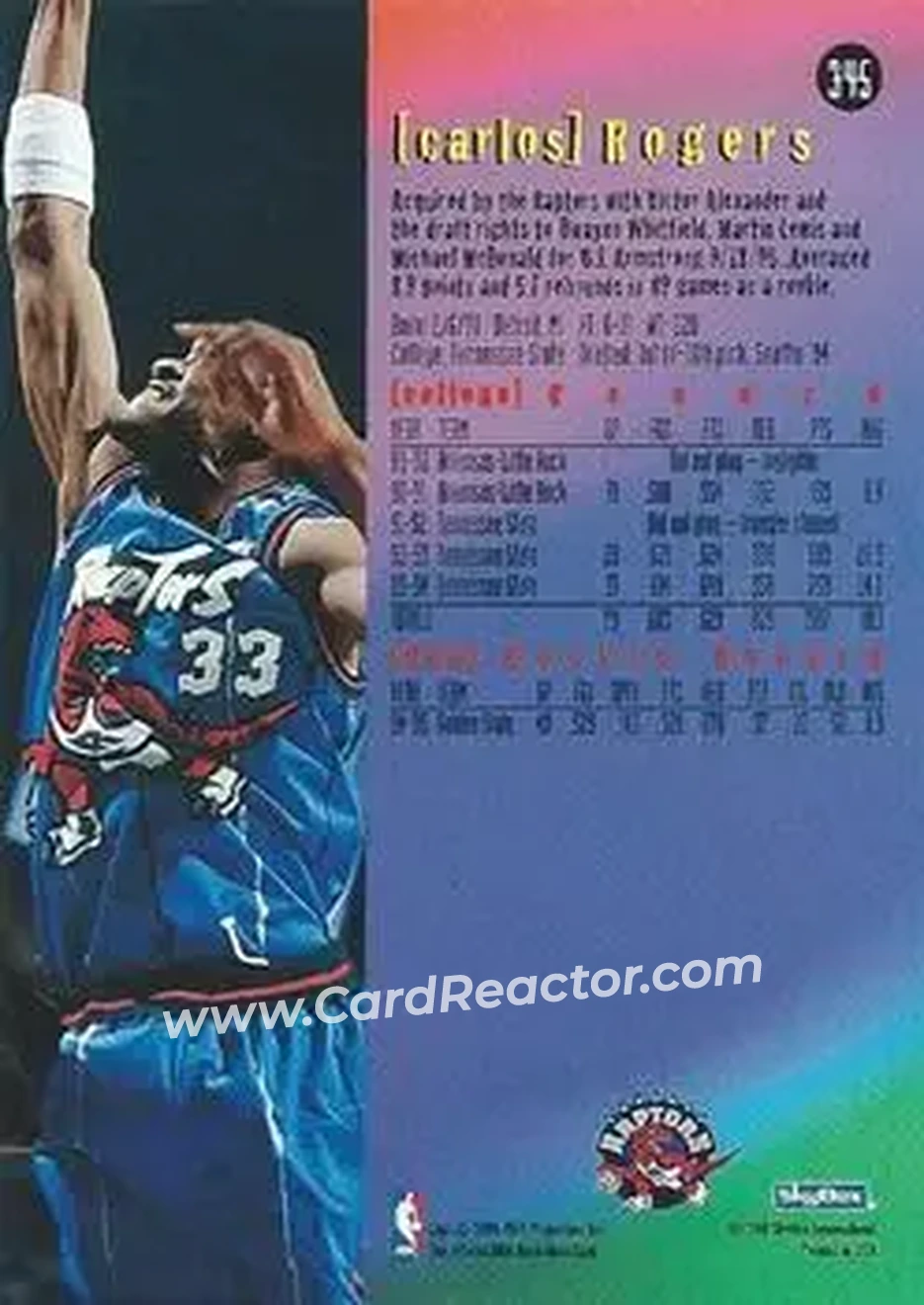 1995-96 Hoops #345 - Carlos Rogers - Toronto Raptors - Back