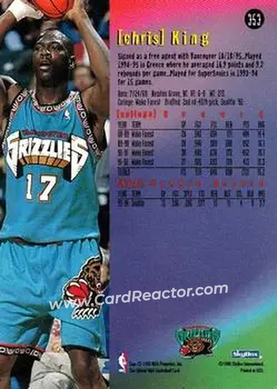 1995-96 Hoops #353 - Chris King - Vancouver Grizzlies - Back