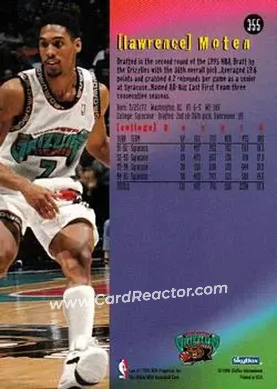 1995-96 Hoops #355 - Lawrence Moten - Vancouver Grizzlies - Back