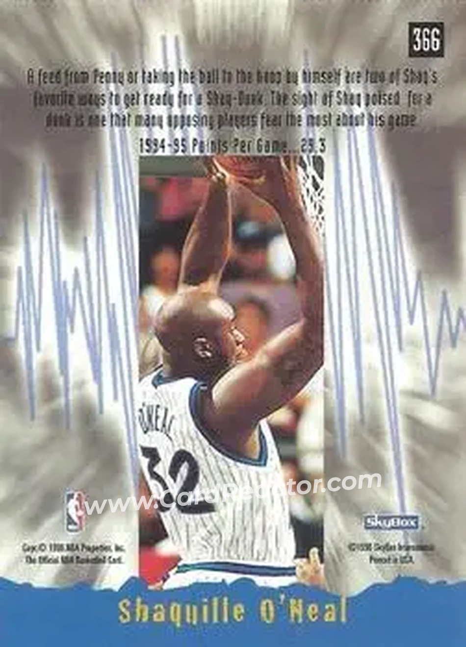 1995-96 Hoops #366 - Shaquille O'Neal - Orlando Magic - Back