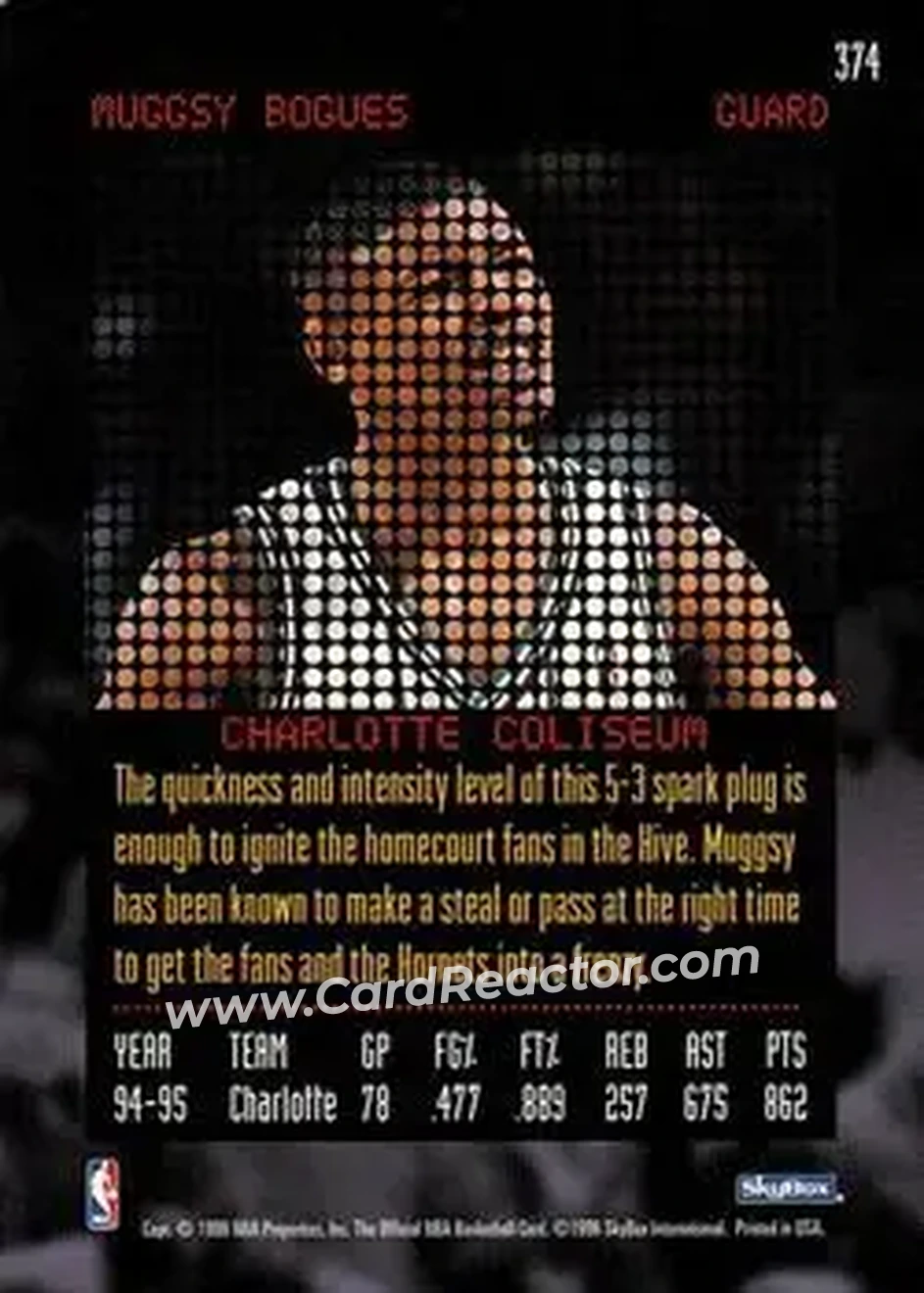 1995-96 Hoops #374 - Muggsy Bogues - Charlotte Hornets - Back