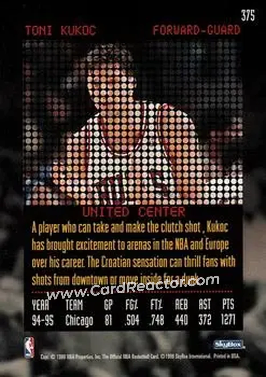 1995-96 Hoops #375 - Toni Kukoc - Chicago Bulls - Back