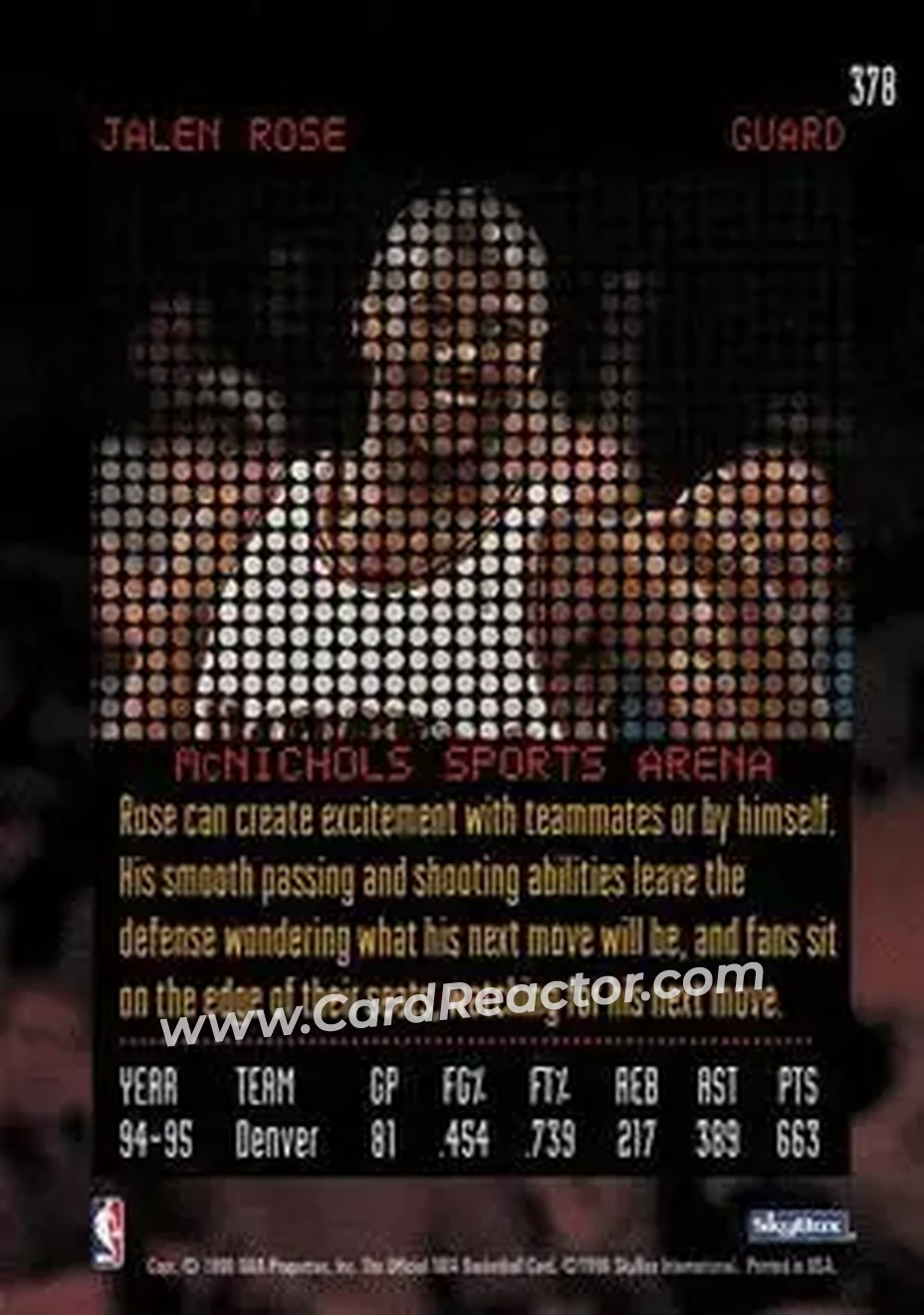 1995-96 Hoops #378 - Jalen Rose - Denver Nuggets - Back